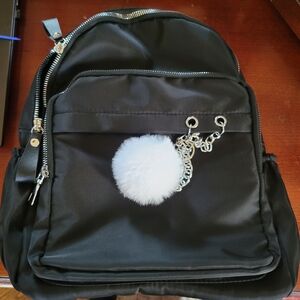Black Backpack with White Pom Pom